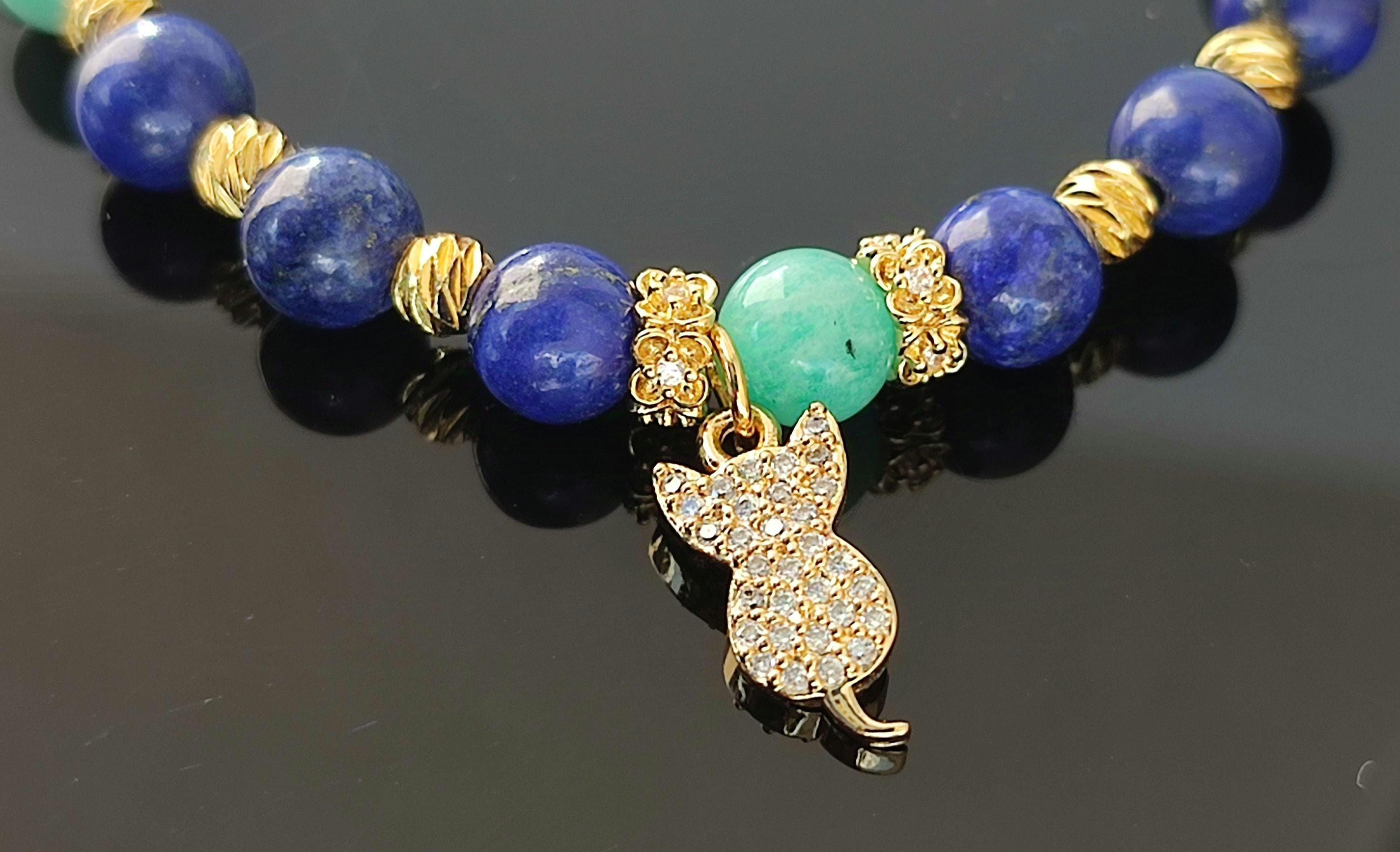 Bracelet élastique Lapis Lazuli et Amazonite Breloque Chat – Image 4