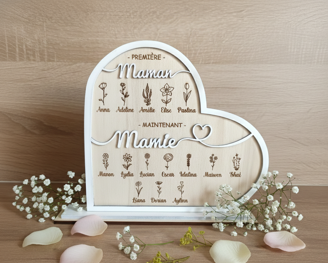 Cadeau Mamie Personnalisé en Bois – Cœur Famille Prénoms