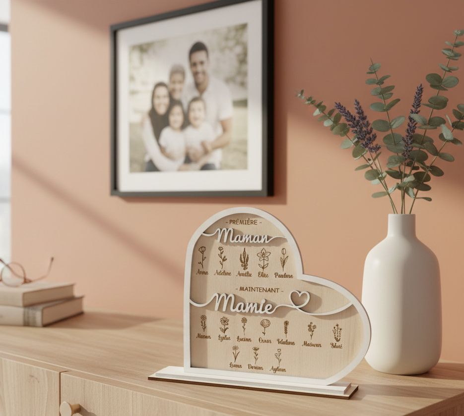 Cadeau Mamie Personnalisé en Bois – Cœur Famille Prénoms – Décoration Mamie & Maman – Fête des Grands-Mères | cadeau mamie | cadeau maman – Image 5