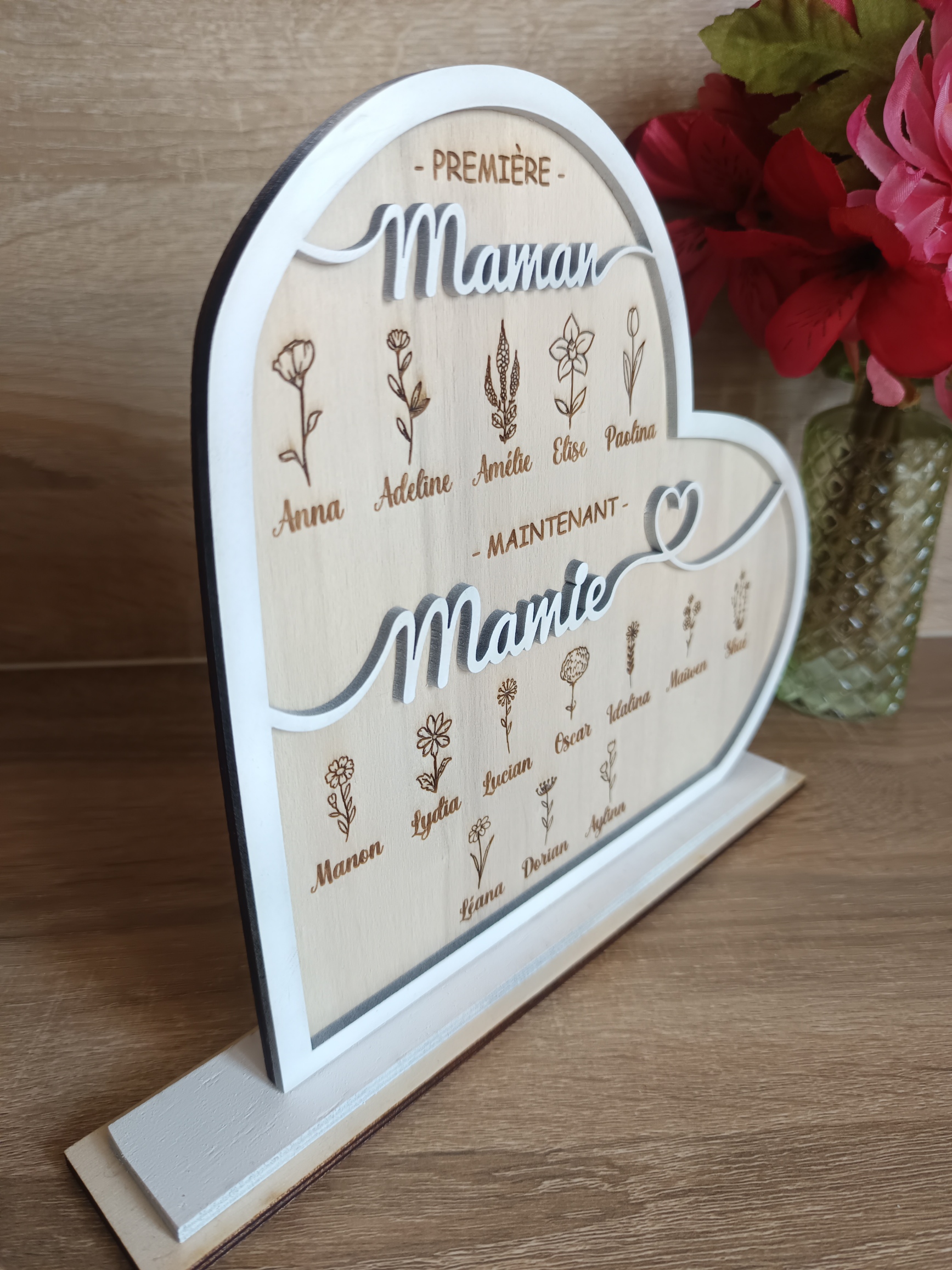 Cadeau Mamie Personnalisé en Bois – Cœur Famille Prénoms – Décoration Mamie & Maman – Fête des Grands-Mères | cadeau mamie | cadeau maman – Image 3