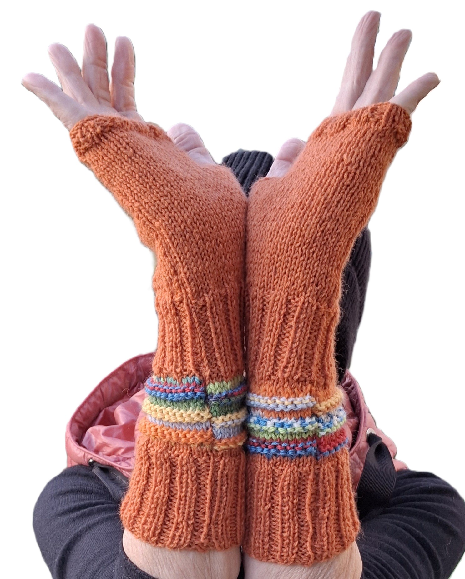 Mitaines laine tricotées et brodées main - orange et multicolore – Image 3