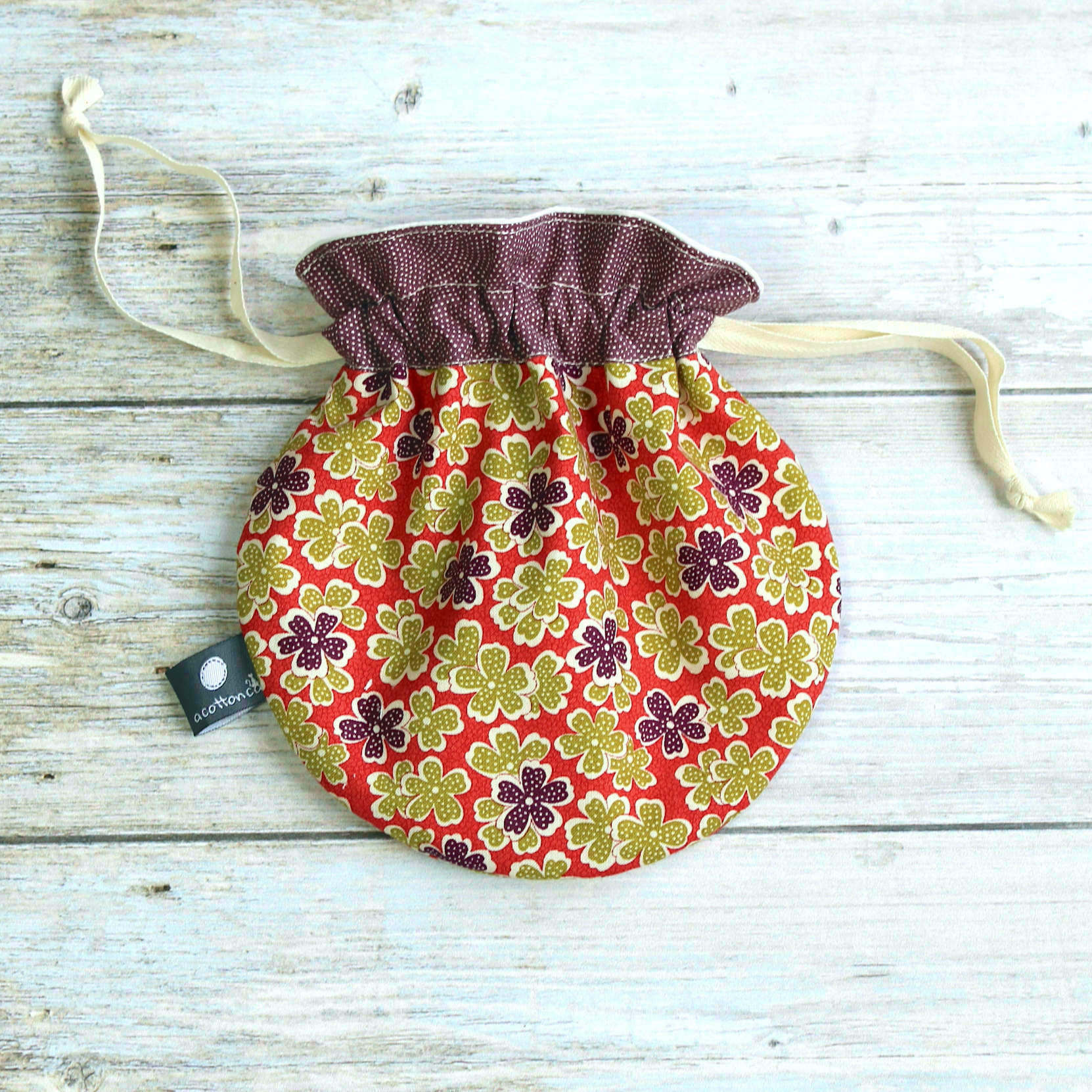 Pochette japonaise ronde, pochette câbles et écouteurs, pochon cadeaux, accessoire japonais tissu fleurs – Image 3