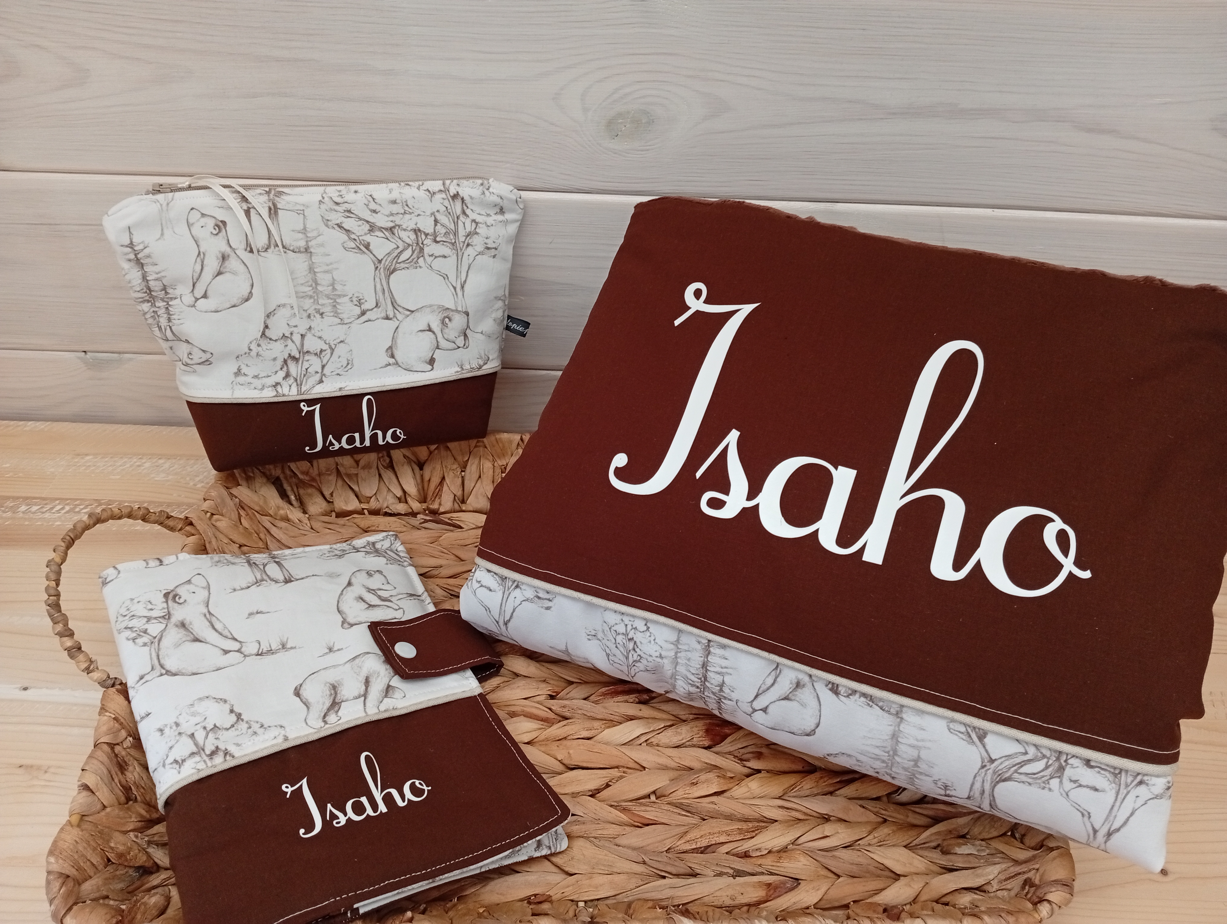 Ensemble naissance personnalisée, Couverture bébé, carnet de santé et trousse de toilette assortis, Cadeau naissance, Thème ours forêt