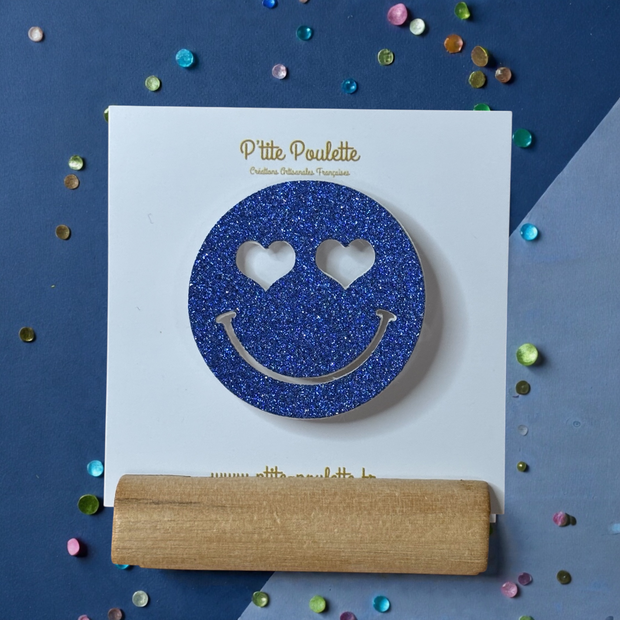 Broche Smiley Pailletée bleu roi– Bijou fantaisie artisanal – Création française P’tite Poulette (Copie)