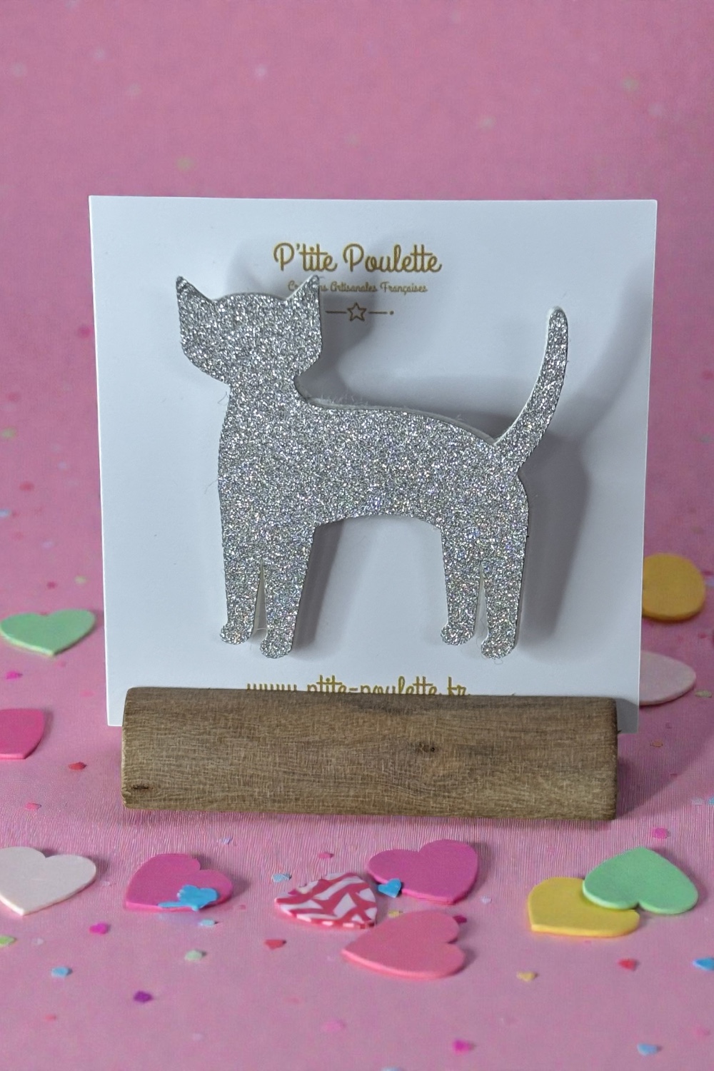 Broche Chat Pailletée argent – Bijou fantaisie artisanal – Création française P’tite Poulette