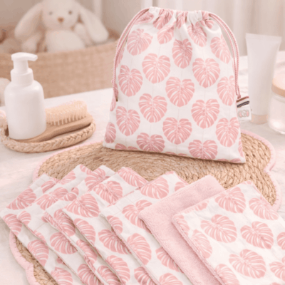 pochon lot de lingettes lavables feuilles