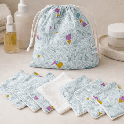 pochon lot de lingettes lavables lignes géométriques