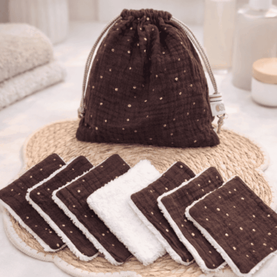 pochon lot de lingettes lavables double gaze marron