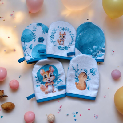 Mini gants de toilette bébé – Motif écureuil aquarelle – Éponge Oeko-Tex® – Fait main