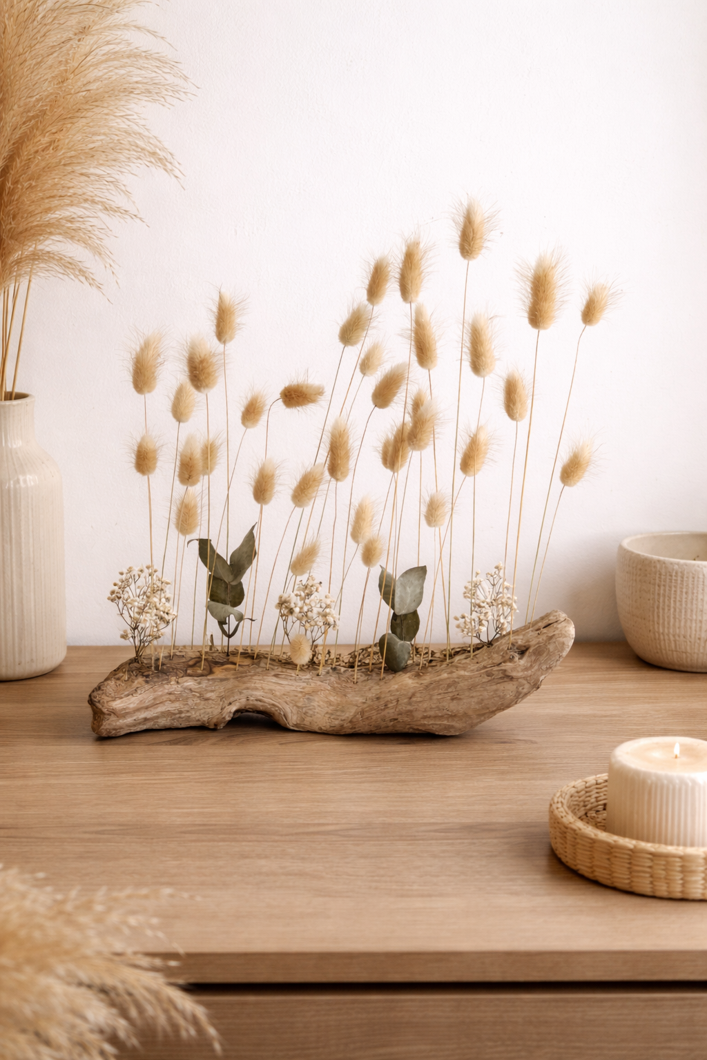 Déco Nature en Bois Flotté et Fleurs Séchées Lagurus - Style Japandi & Bohème