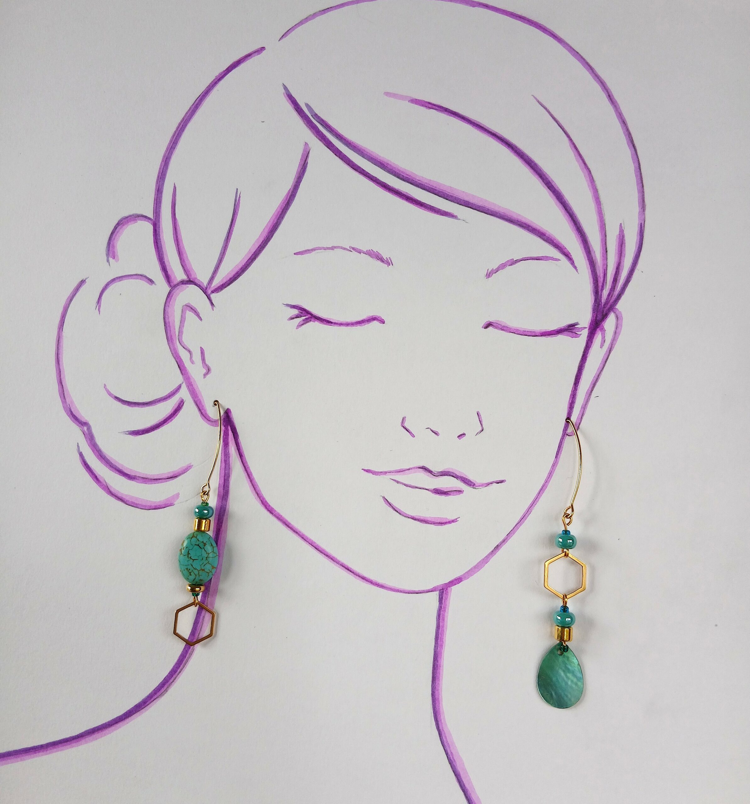 Boucles d'oreilles asymétrique upcyclées doré et bleu turquoise pièce unique
