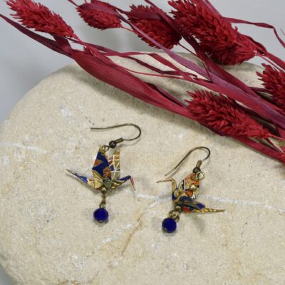 Boucles d'oreilles origami grue papier japonais bleu et orange