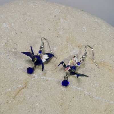 Boucles d'oreilles origami grue papier japonais bleu et rose