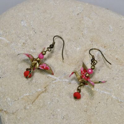 Boucles d'oreilles origami grue papier japonais or