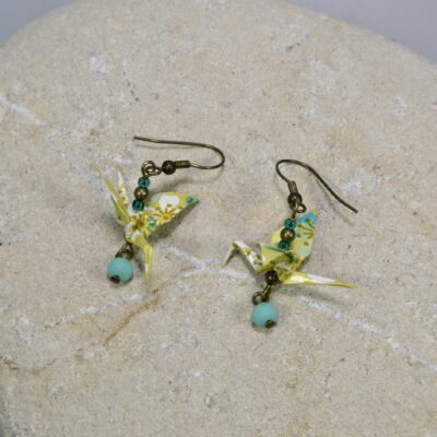 Boucles d'oreilles origami grue papier japonais jaune