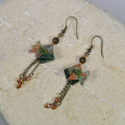 Boucles d’Oreilles Poissons en Origami vert et orange