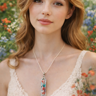 “Éclats Botaniques – Collier en résine aux feuilles rouges et bleues”