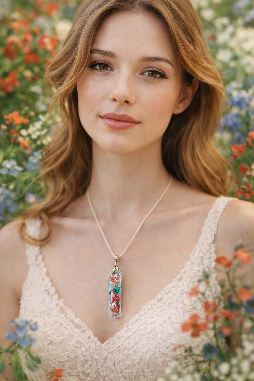 “Éclats Botaniques – Collier en résine aux feuilles rouges et bleues”