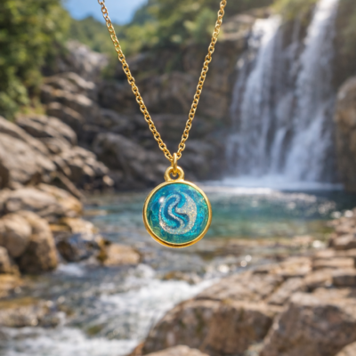 Secret d’Océan – Collier en résine bleue aux reflets argentés (acier inoxydable)