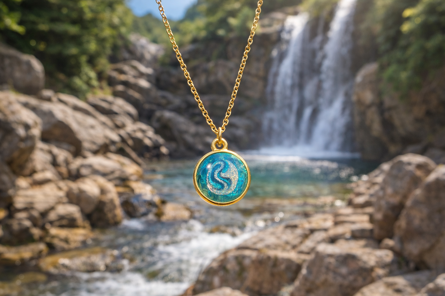 Secret d’Océan – Collier en résine bleue aux reflets argentés (acier inoxydable)