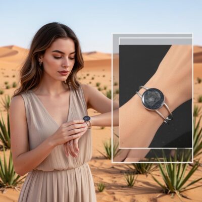 Bracelet argenté en résine gris foncé, nacre et éclat doré – cabochon lumineux