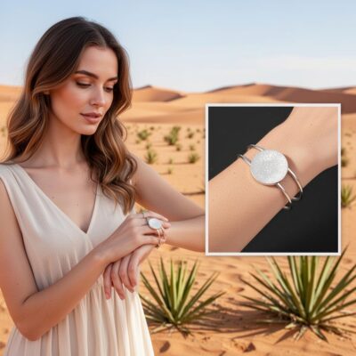 Bracelet argenté en résine, nacre et éclats anis – cabochon lumineux