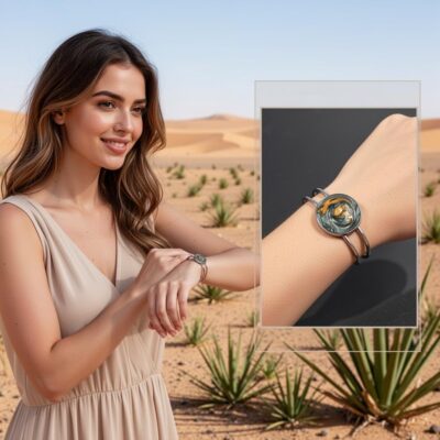 Bracelet argenté en résine orange et vert – cabochon artistique