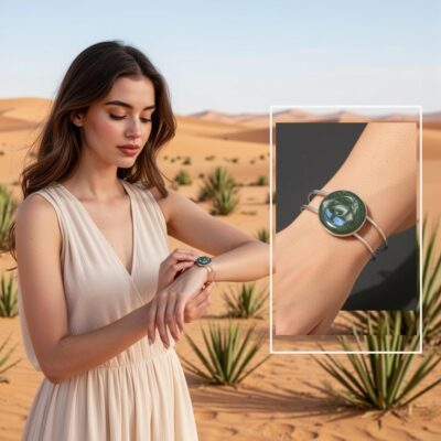 Bracelet argenté en résine vert canard et lunes nacrées – bijou poétique