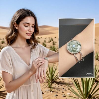 Bracelet argenté en résine, nacre et filaments verts – bijou lumineux