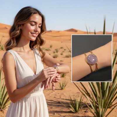 Bracelet doré en résine rose métallique – cabochon lumineux