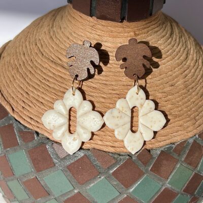 Boucles d’oreilles « Soléa Bohème » en pâte polymère beige naturel