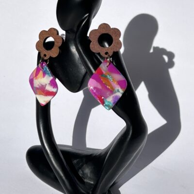 Boucles d’oreilles « Jardin coloré » en pâte polymère et bois
