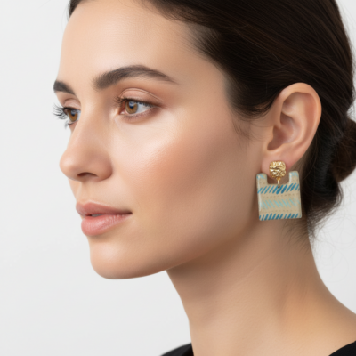 Boucles d'Oreilles Ṭā'ila – Papier Artisanal Bleu Azur Sable & Or – Clous Carrés Martelés Acier Inoxydable – Bijou Minimaliste Fait Main France