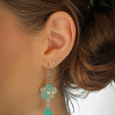Boucles D'Oreilles Pendantes Artisanales " Fleurs Turquoises " -Made In France