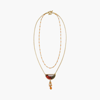 Collier Ādhā gōla – Effet Layering & Pendentif Ginkgo Wax – Papier Indien Résiné & Acier Inoxydable – Bijou Fait Main