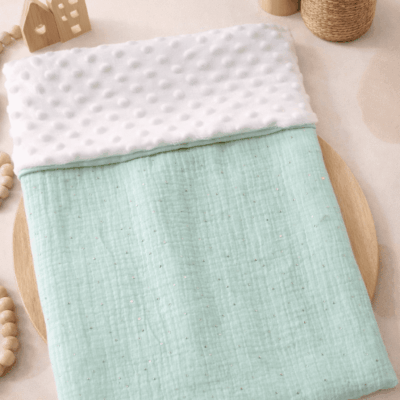 couverture double gaze coton menthe glitter minky blanc