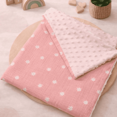 couverture double gaze coton rose marguerites minky saumon