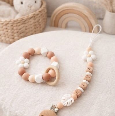 ensemble attache tétine anneau dentition fleur blanc pêche