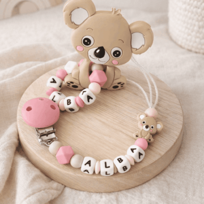 ensemble attache tétine anneau dentition koala rose beige