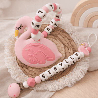 ensemble attache tétine anneau dentition flamant rose