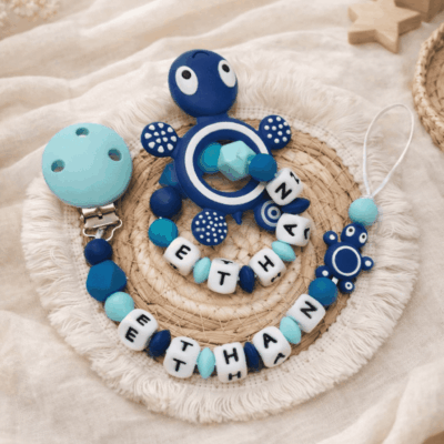 ensemble attache tétine anneau dentition tortue bleue