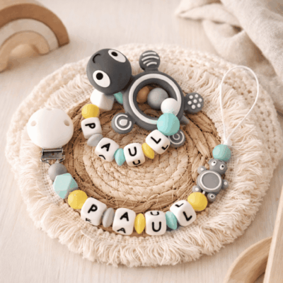 ensemble attache tétine anneau dentition tortue grise turquoise jaune