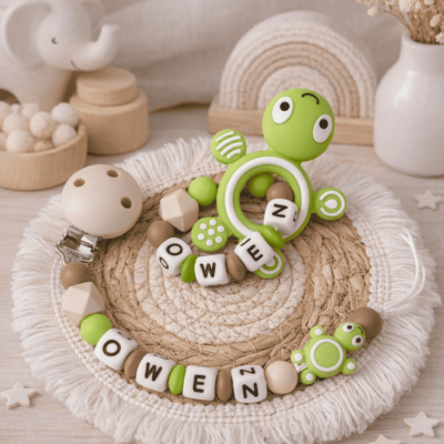 ensemble attache tétine anneau dentition tortue vert marron