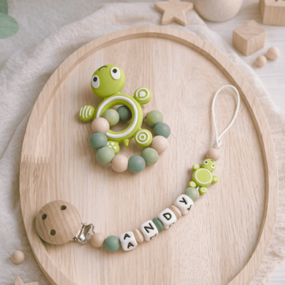ensemble attache tétine anneau dentition tortue vert beige