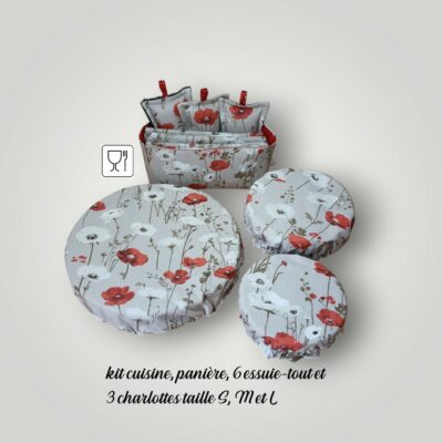 kit cuisine zéro déchet, panière, 6 essuie-tout, 3 charlottes et 3 éponges