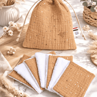 pochon lot de lingettes lavables gaze coton camel