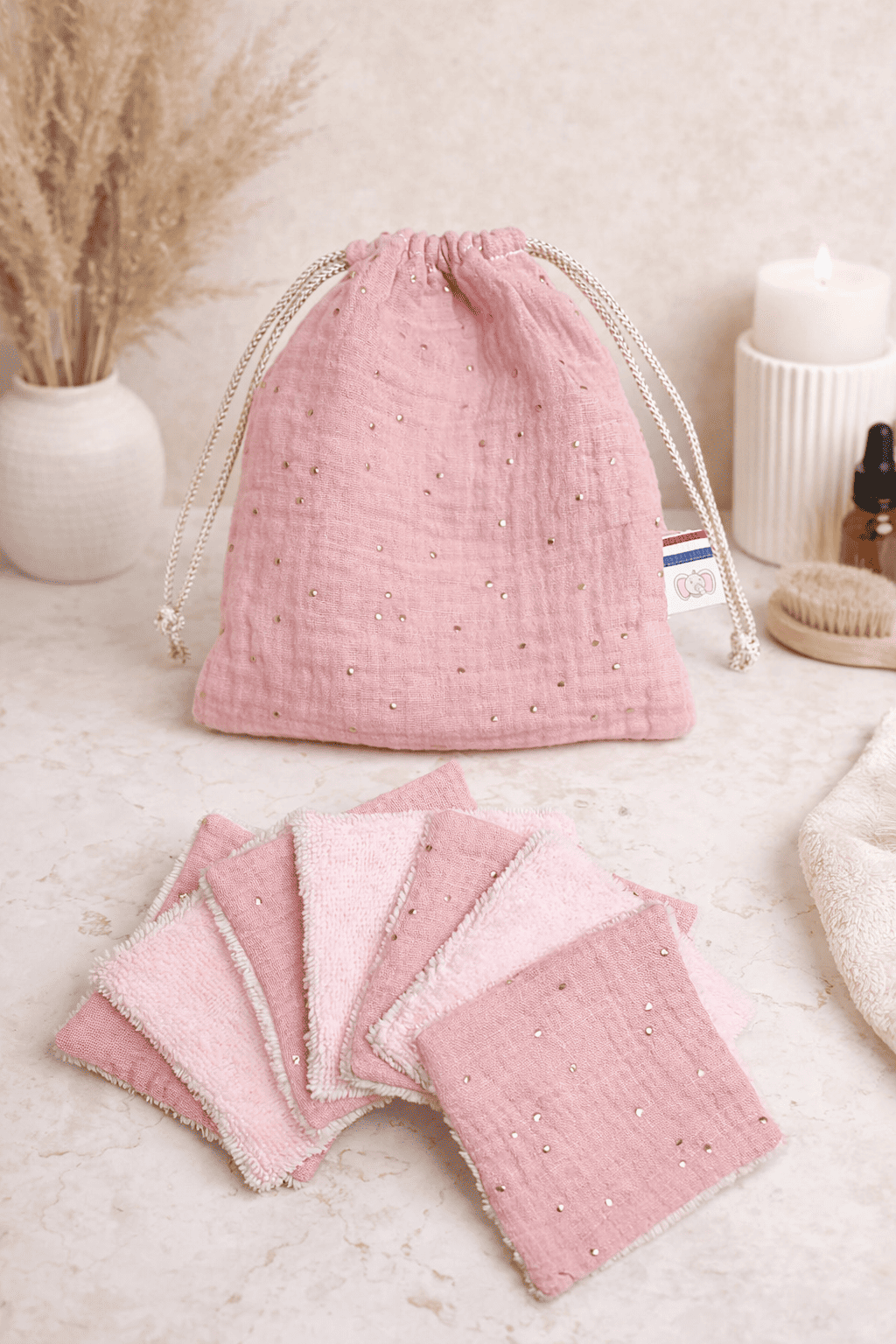 pochon lot de lingettes lavables gaze coton rose