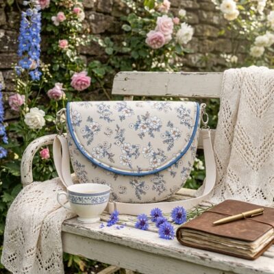 Sac besace posé sur un banc près d'une étole en laine crème, dans un jardin fleuri reflétant une ambiance romantique.