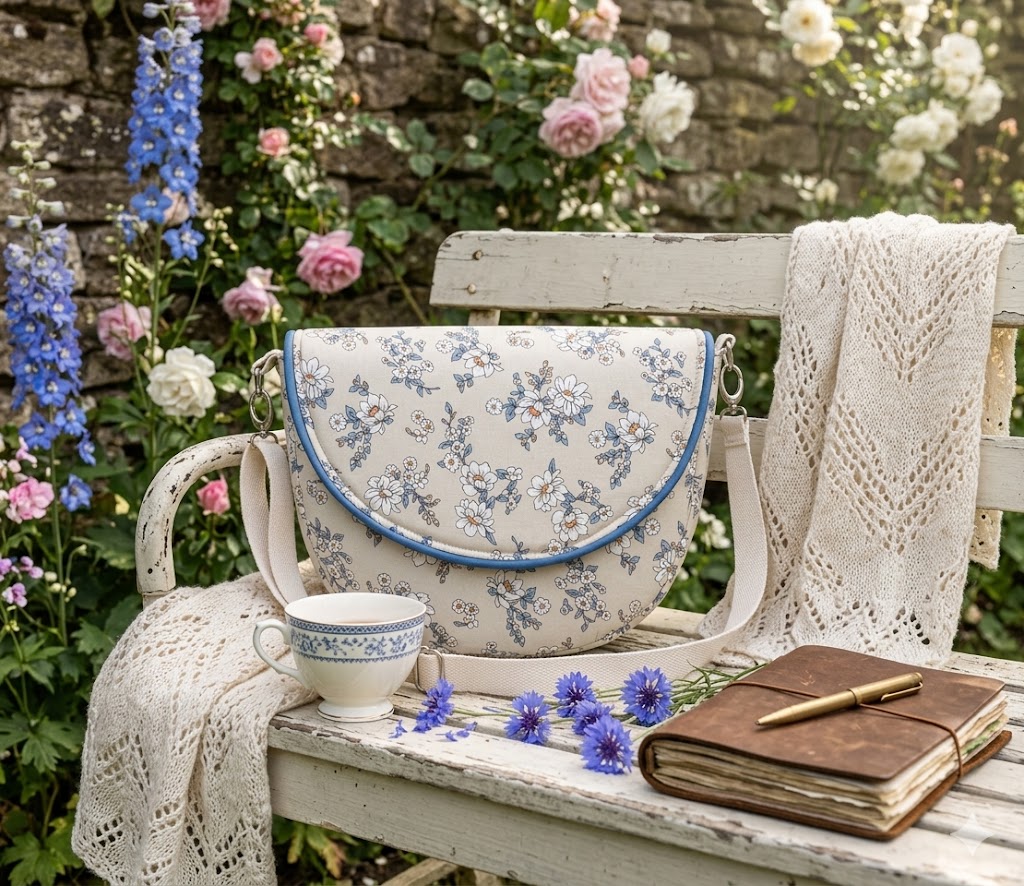 Sac besace posé sur un banc près d'une étole en laine crème, dans un jardin fleuri reflétant une ambiance romantique.