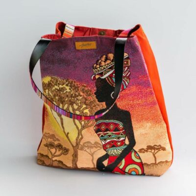 Tote bag fait main jacquard savane africaine et toile terracotta — face avant modèle unique Ineden Couture